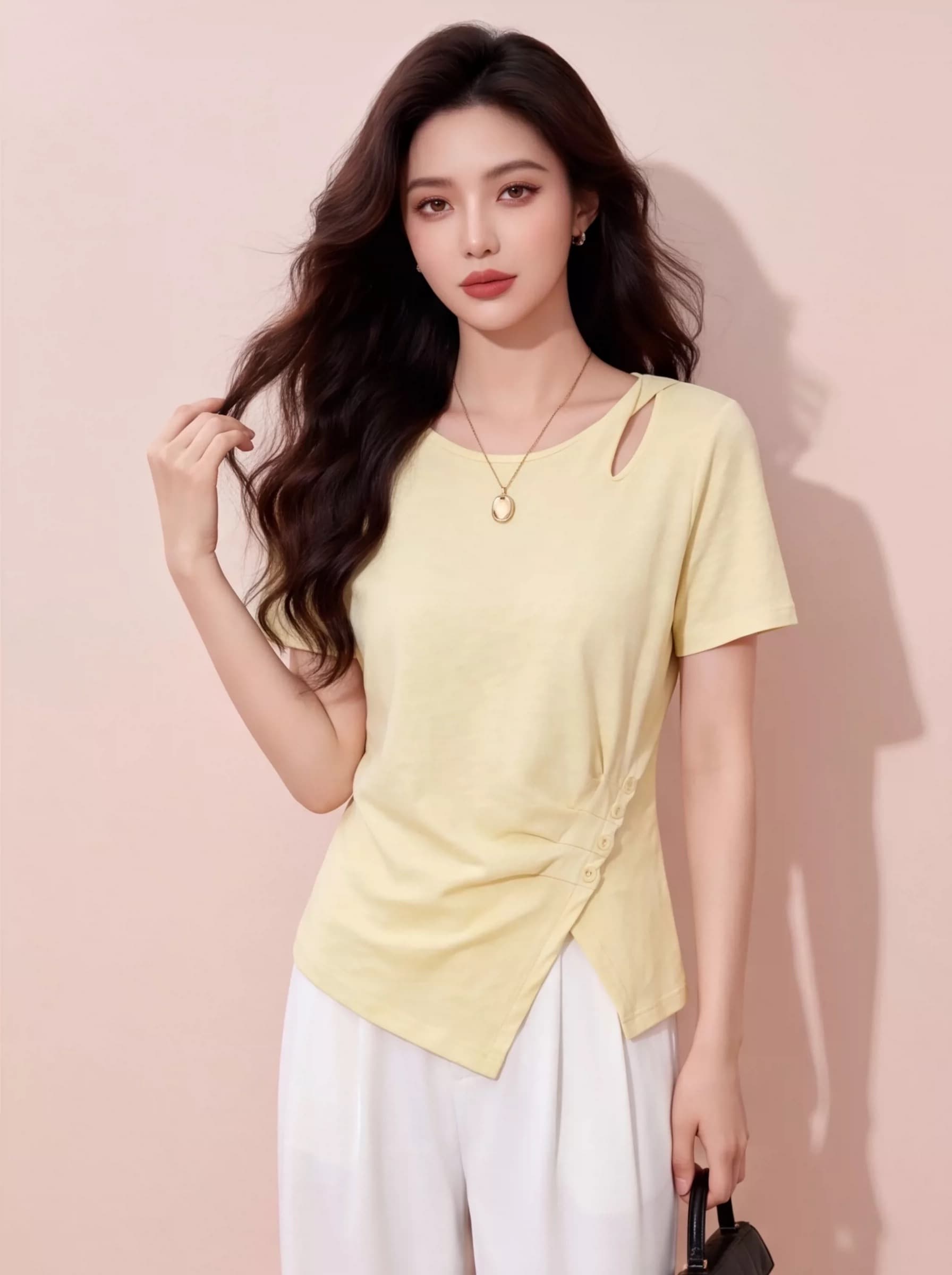 익스트림 제인 디자인 센스 홀로우 아웃 반팔 티셔츠 여성 여름 드레스 황색 비대칭 해체 바람 맨위 여성 의류 작은 대중 미니멀리즘 상세 이미지 1