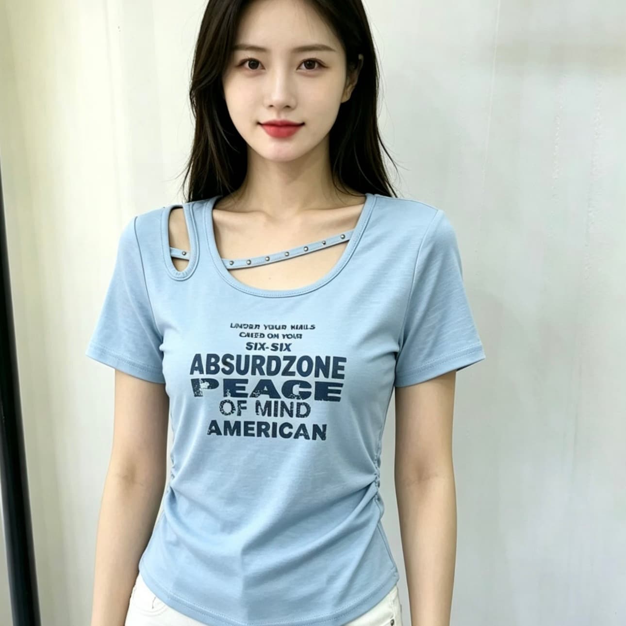 디자인 센스 홀로우 아웃 오프숄더 알파벳 프린트 반팔 티셔츠 여성 여름 드레스 2026 새로운 순수한 욕망 핫걸 몸매 가꾸기 맨위 상세 이미지 2