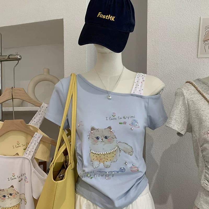 kekezoon 만화 고양이 프린트 비스듬한 칼라 오프숄더 반팔 몸매 가꾸기 슬림해 보이는 티셔츠 여름 패션 맨위 상세 이미지 4