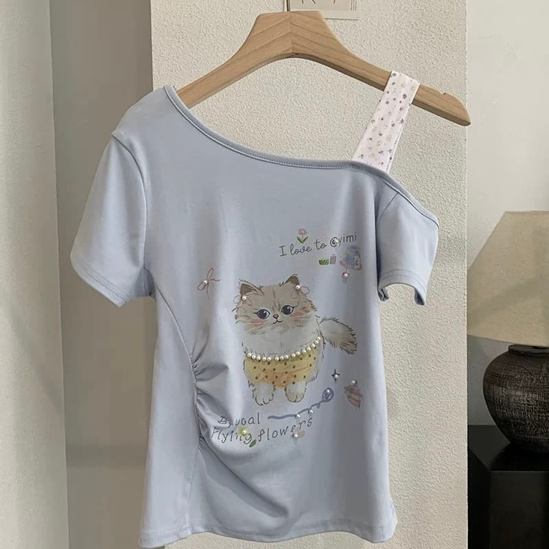 kekezoon 만화 고양이 프린트 비스듬한 칼라 오프숄더 반팔 몸매 가꾸기 슬림해 보이는 티셔츠 여름 패션 맨위 이미지 5