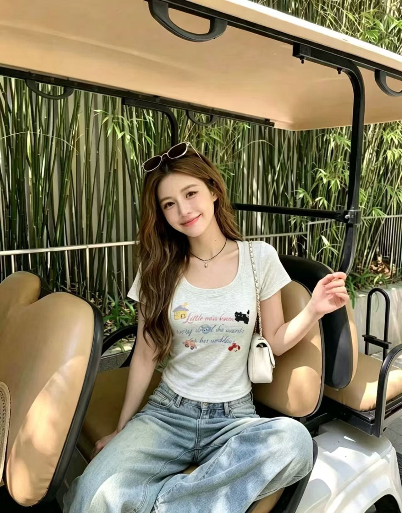 도파민 착용 가져 가라. u 칼라 긍정적 인 어깨 쇼트 스타일 티셔츠 소녀 여름 인사이드 가져 가라. 몸매 가꾸기 슬림해 보이는 디자인 센스 맨위 작은 키 이미지 4
