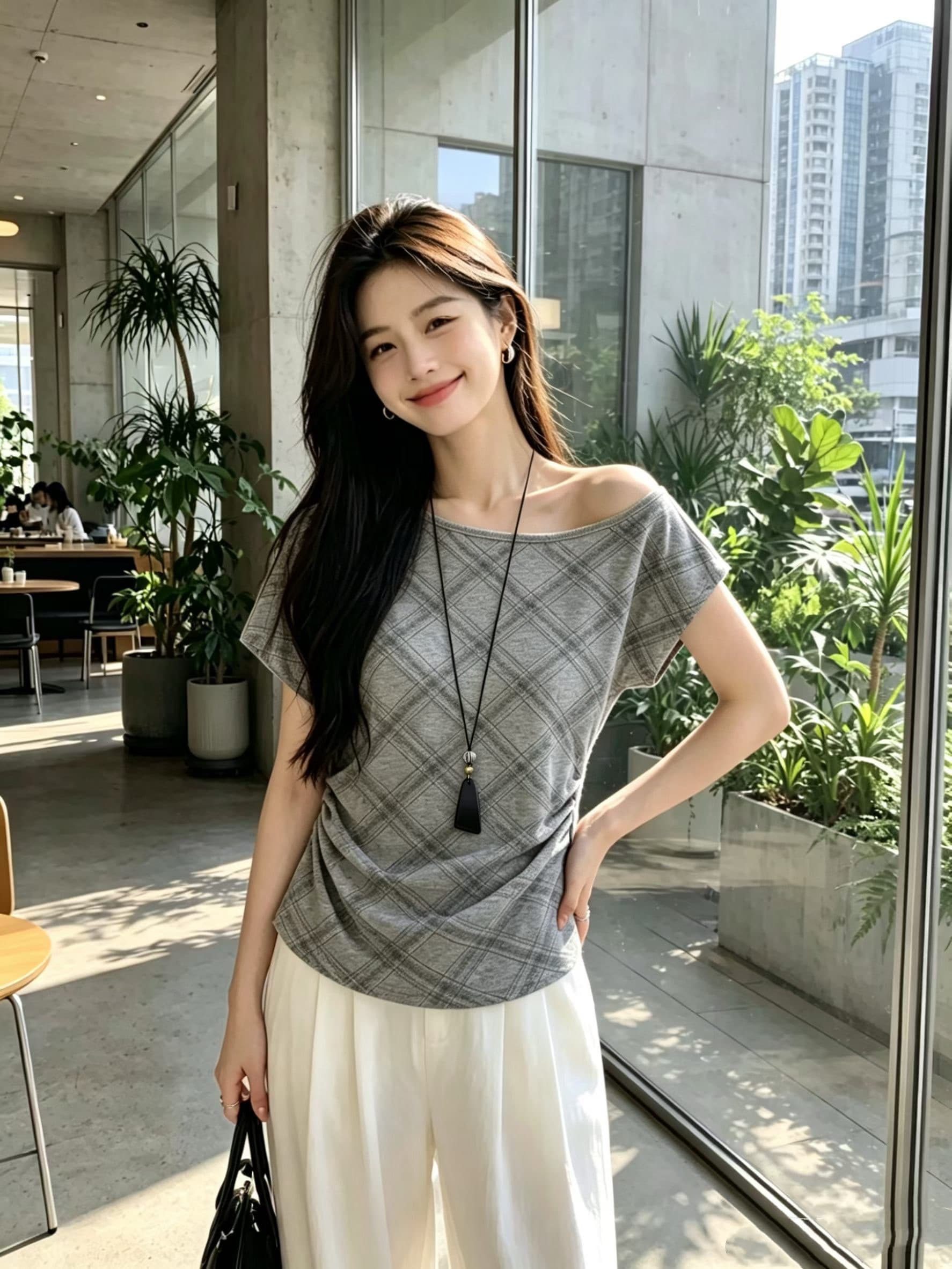 한 부서 미니멀리즘 연령 감소 비스듬한 어깨 체크무늬 반팔 맨위 여성 몸매 가꾸기 슬림해 보이는 다용도 작은 대중 디자인 센스 일상 티셔츠