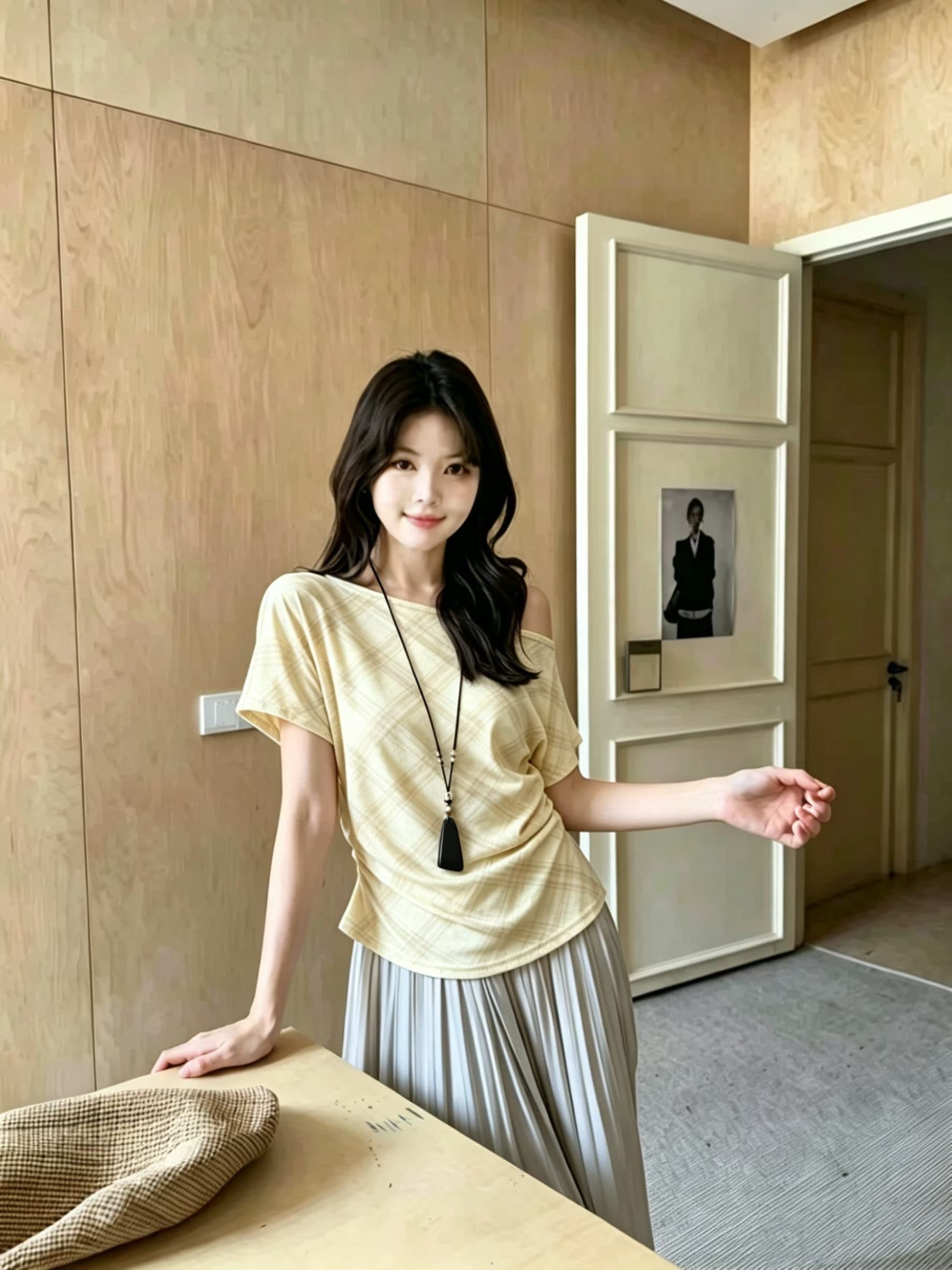 한 부서 미니멀리즘 연령 감소 비스듬한 어깨 체크무늬 반팔 맨위 여성 몸매 가꾸기 슬림해 보이는 다용도 작은 대중 디자인 센스 일상 티셔츠 상세 이미지 4