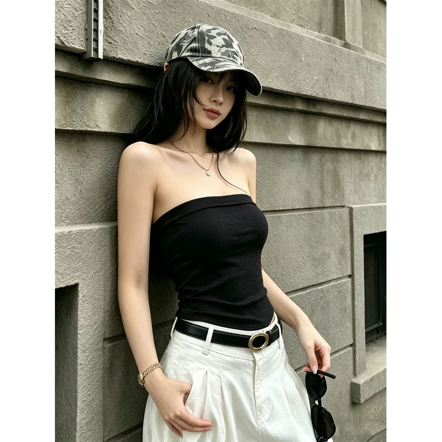 섹시함 핫걸 바람 민소매 튜브탑 회색 캐미솔 여름 외출용 벨트 가슴 패드 아름다움 뒤로 브래지어 하나 맨위 이미지 5