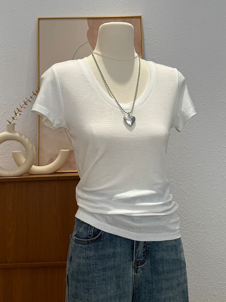 한 부서 핫걸 긍정적 인 어깨 반팔 티셔츠 여성 여름 새로운 u 칼라 몸매 가꾸기 단색 고급 센스 품격 Chic 작은 맨위 이미지 2