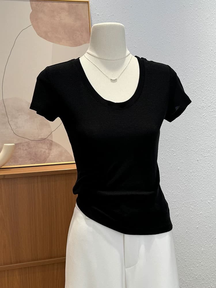 한 부서 핫걸 긍정적 인 어깨 반팔 티셔츠 여성 여름 새로운 u 칼라 몸매 가꾸기 단색 고급 센스 품격 Chic 작은 맨위 상세 이미지 2