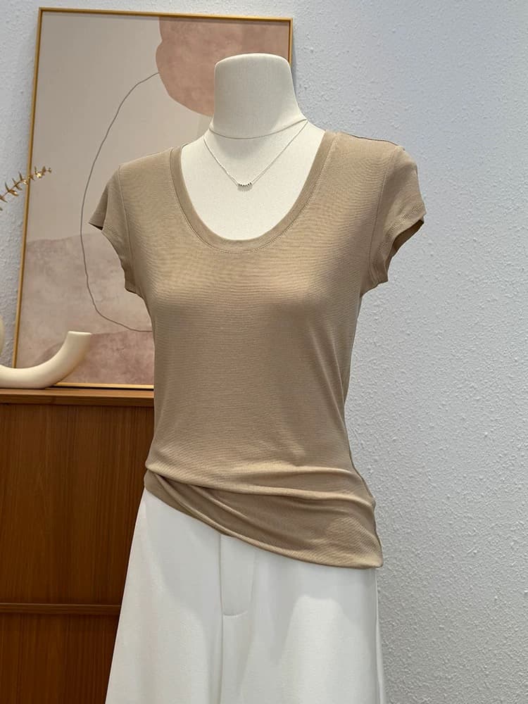 한 부서 핫걸 긍정적 인 어깨 반팔 티셔츠 여성 여름 새로운 u 칼라 몸매 가꾸기 단색 고급 센스 품격 Chic 작은 맨위 상세 이미지 4