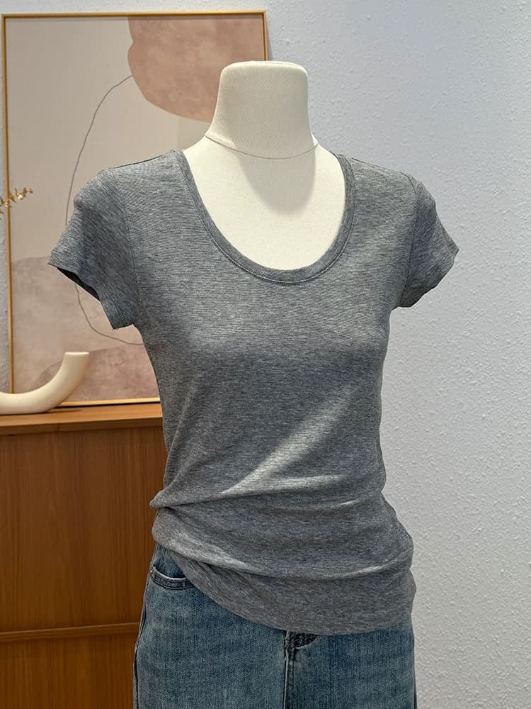 한 부서 핫걸 긍정적 인 어깨 반팔 티셔츠 여성 여름 새로운 u 칼라 몸매 가꾸기 단색 고급 센스 품격 Chic 작은 맨위 상세 이미지 5
