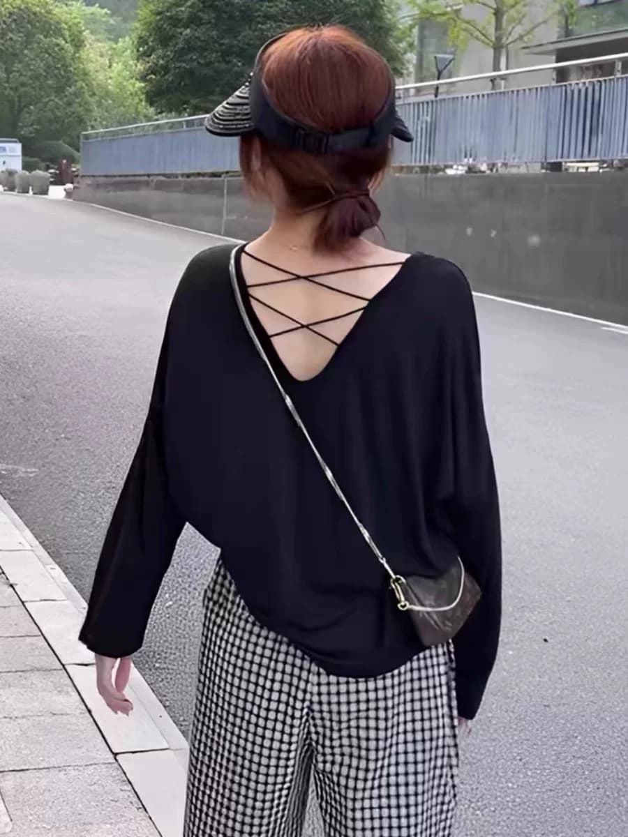 뒤로 홀로우 아웃 디자인 센스 Tulle 긴팔 티셔츠 니트 맨위 여성 여름 새로운 루즈핏 자외선 차단 블라우스 외출용 이미지 4