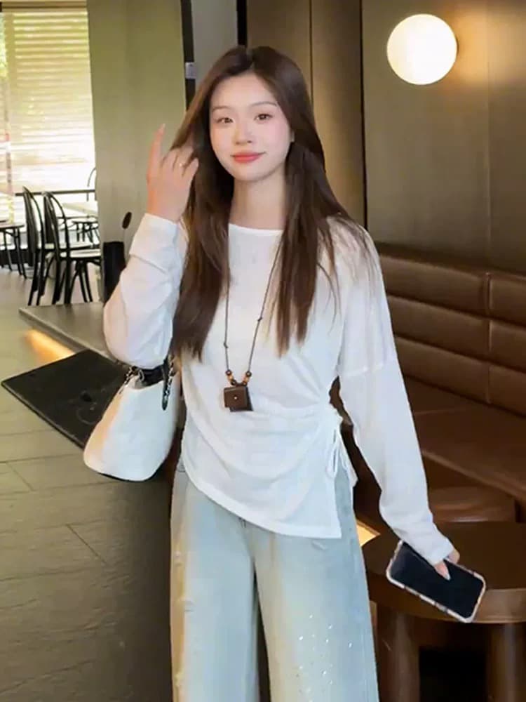 2026 여름 디자인 센스 펌프 로프 긴팔 티셔츠 여성 몸매 가꾸기 슬림해 보이는 비대칭 얇은 스타일 자외선 차단 기본 셔츠 맨위 상세 이미지 4