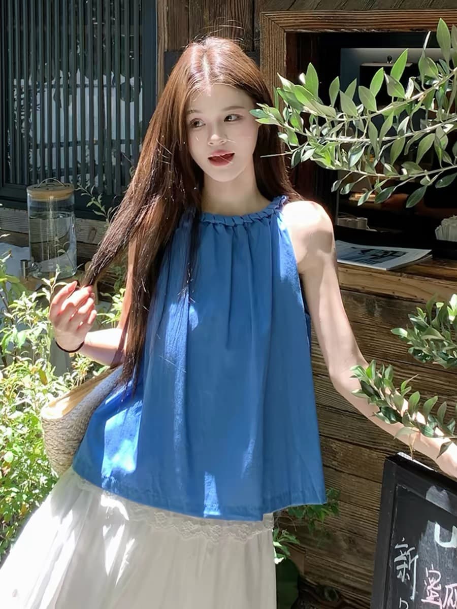 톰 글 래 원인 파란색 행침 목 캐미솔 여름 도파민 고유 한 고급 외출용 민소매 아마 면 린넨 맨위