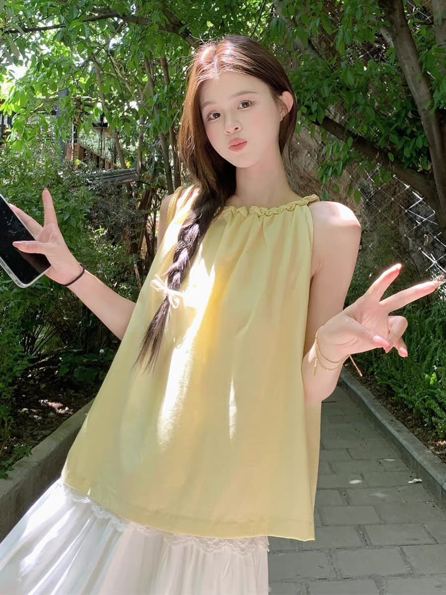톰 글 래 원인 파란색 행침 목 캐미솔 여름 도파민 고유 한 고급 외출용 민소매 아마 면 린넨 맨위 이미지 2