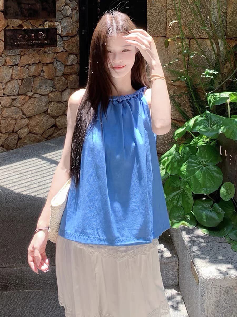 톰 글 래 원인 파란색 행침 목 캐미솔 여름 도파민 고유 한 고급 외출용 민소매 아마 면 린넨 맨위 상세 이미지 3