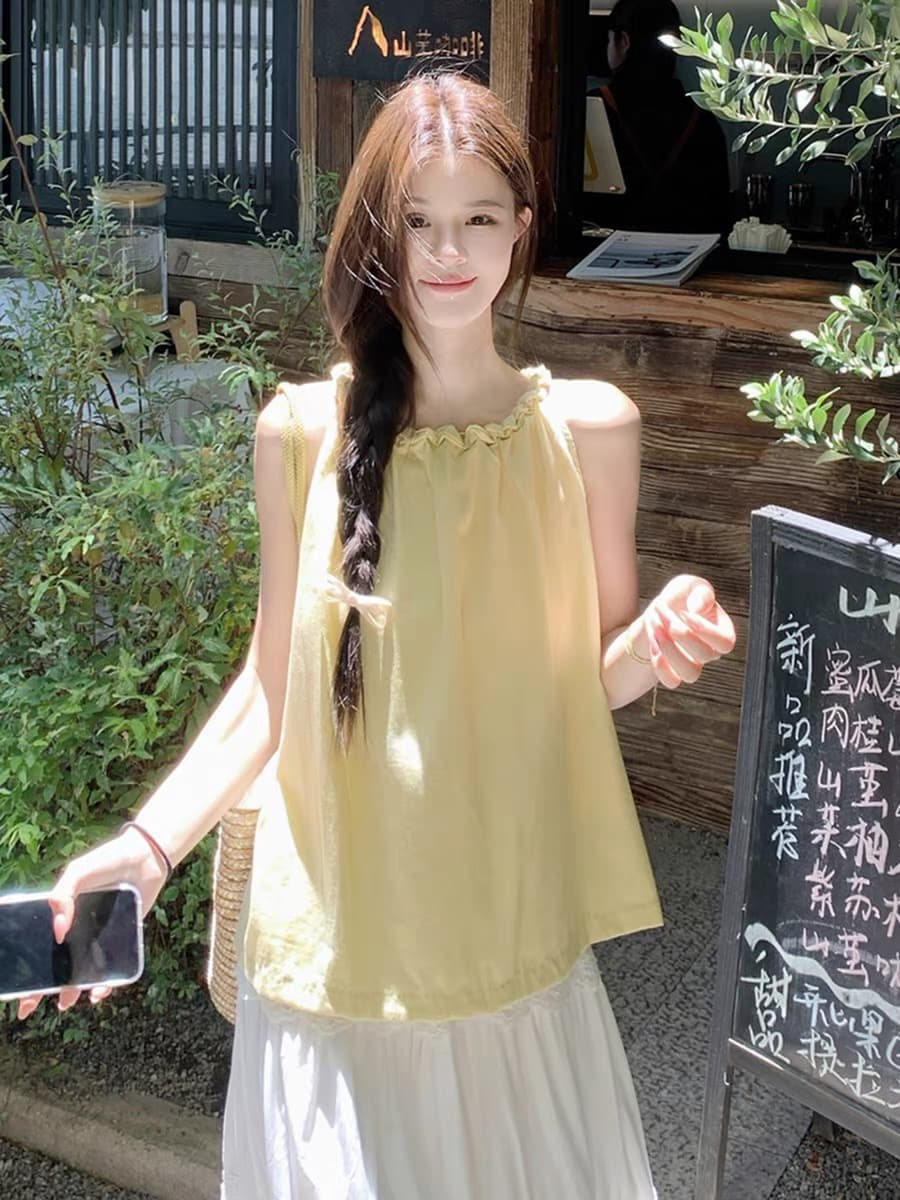 톰 글 래 원인 파란색 행침 목 캐미솔 여름 도파민 고유 한 고급 외출용 민소매 아마 면 린넨 맨위 상세 이미지 4