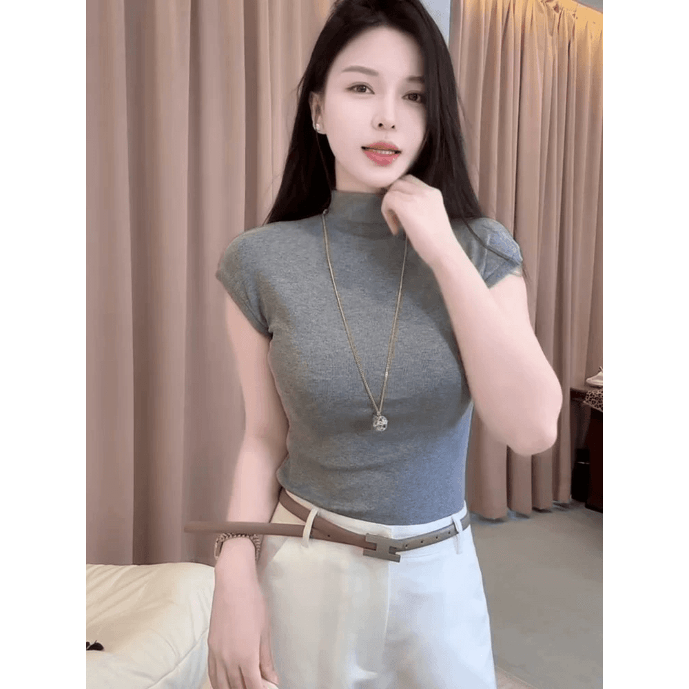 올해 인기 폭발 여성 의류 여름 2026 새로운 스탠드 칼라 작은 날다 소매 티셔츠 고유 한 아름다운 그레이트 봐. 의류 이미지 5