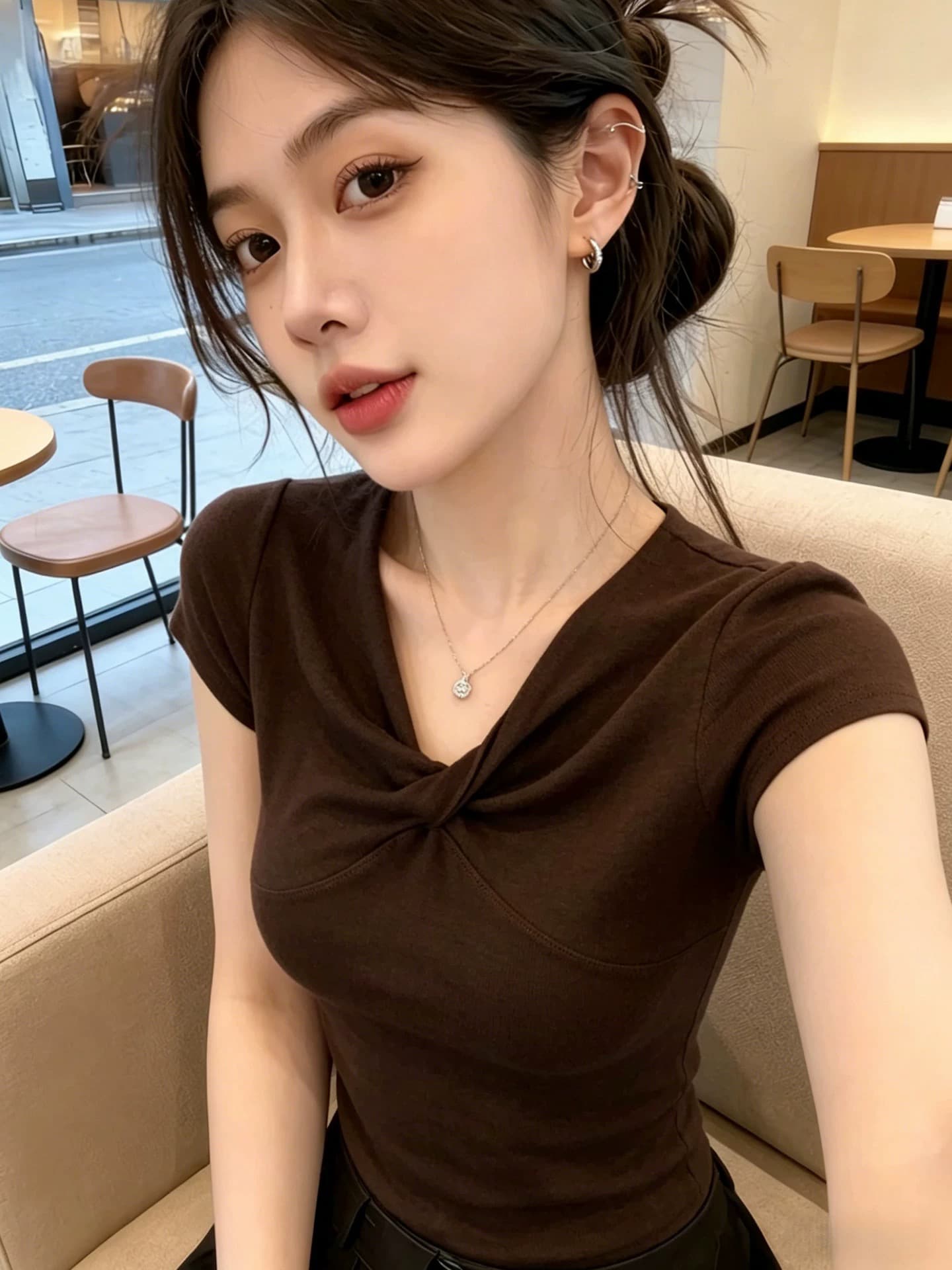 프랑스식 매듭 V넥 펌프 주름 수신 꼬집기 허리 반팔 티셔츠 여성 여름 한 부서 순수한 욕망 휴가 바람 슬림해 보이는 다용도 맨위 상세 이미지 10