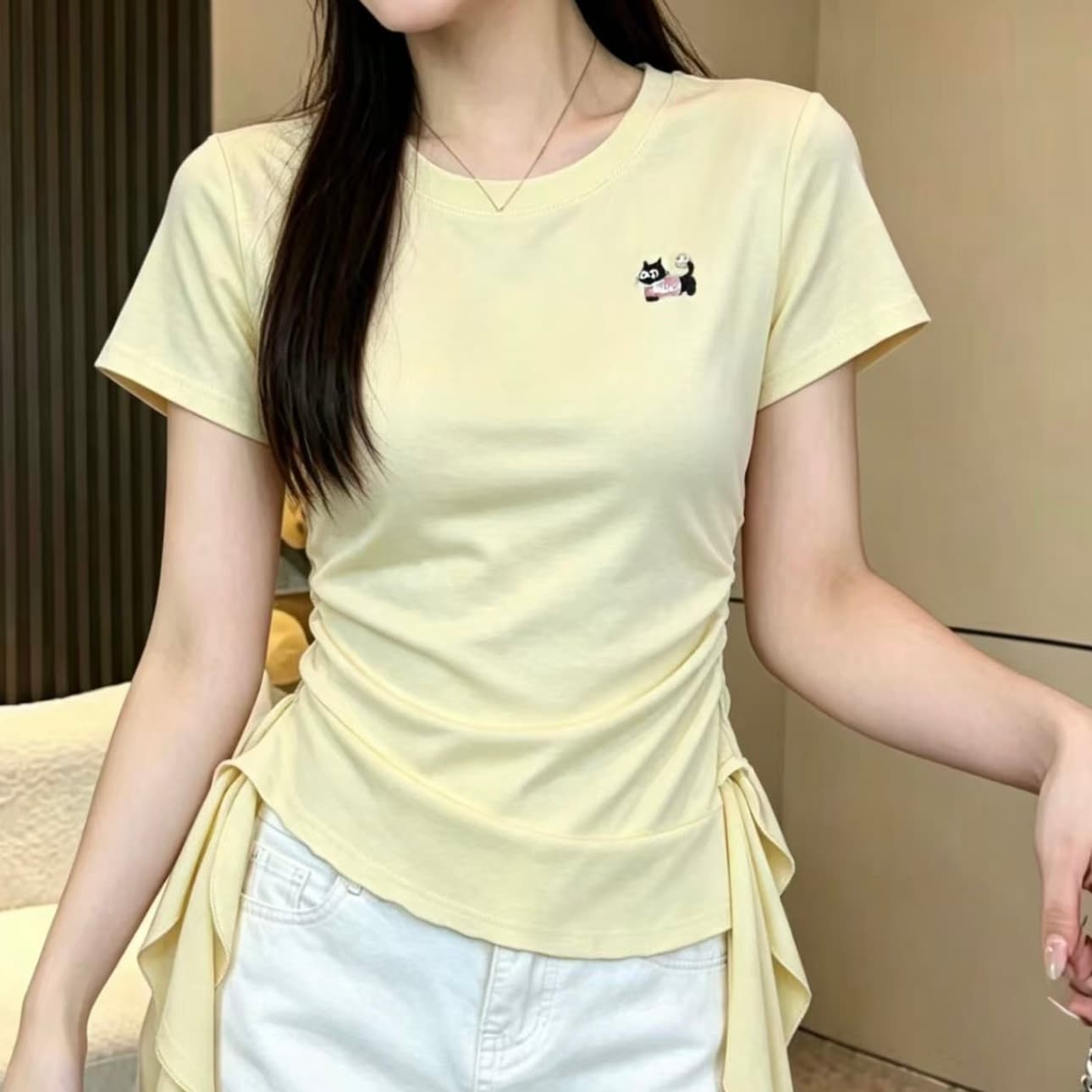 한 부서 고급 센스 핫걸 불규칙 프릴 반팔 티셔츠 여성 여름 새로운 허리 수축 슬림해 보이는 순수한 욕망 맨위 이미지 5