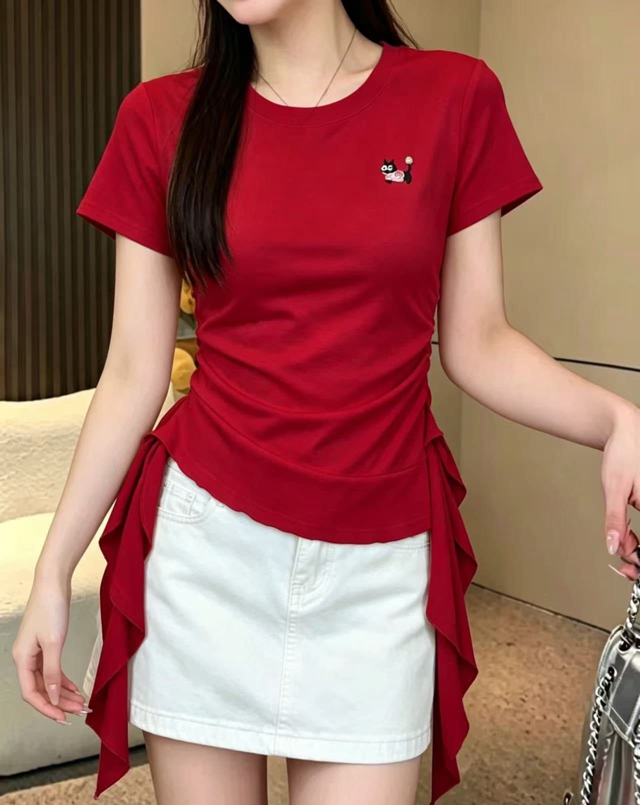 한 부서 고급 센스 핫걸 불규칙 프릴 반팔 티셔츠 여성 여름 새로운 허리 수축 슬림해 보이는 순수한 욕망 맨위 상세 이미지 2