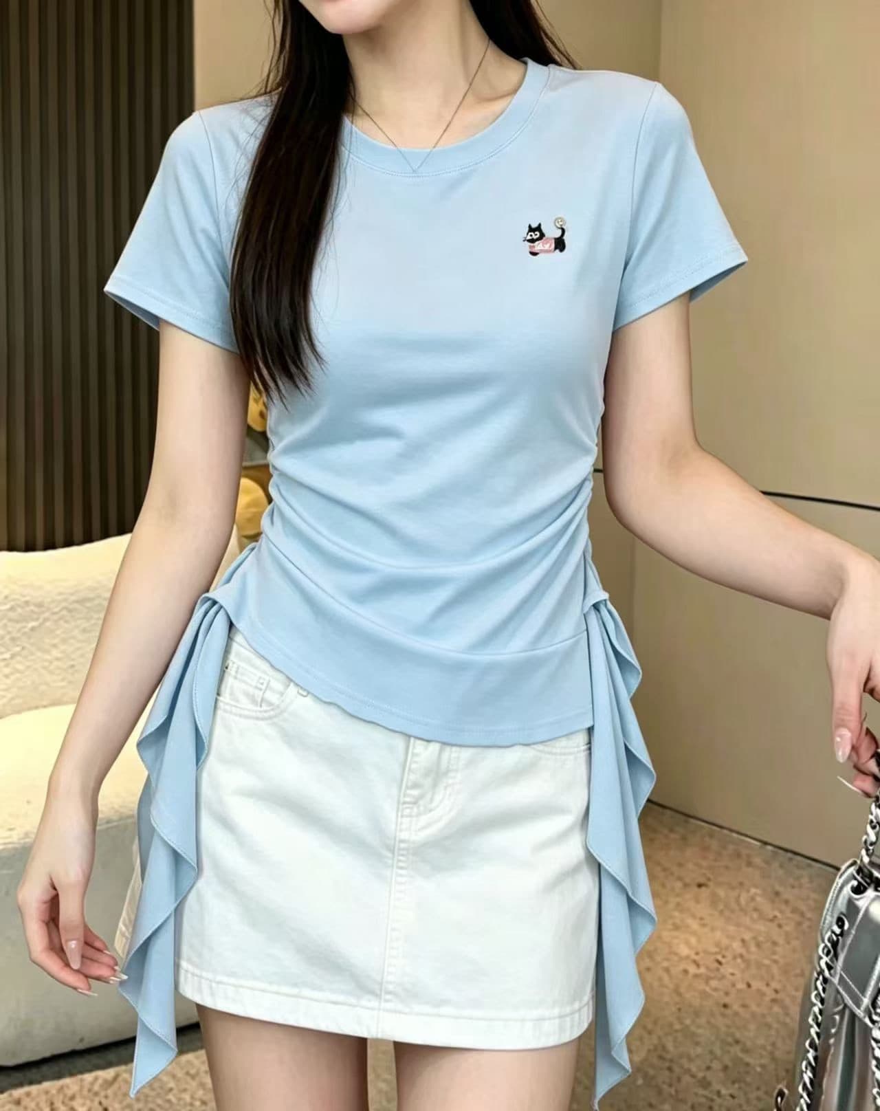 한 부서 고급 센스 핫걸 불규칙 프릴 반팔 티셔츠 여성 여름 새로운 허리 수축 슬림해 보이는 순수한 욕망 맨위 상세 이미지 4