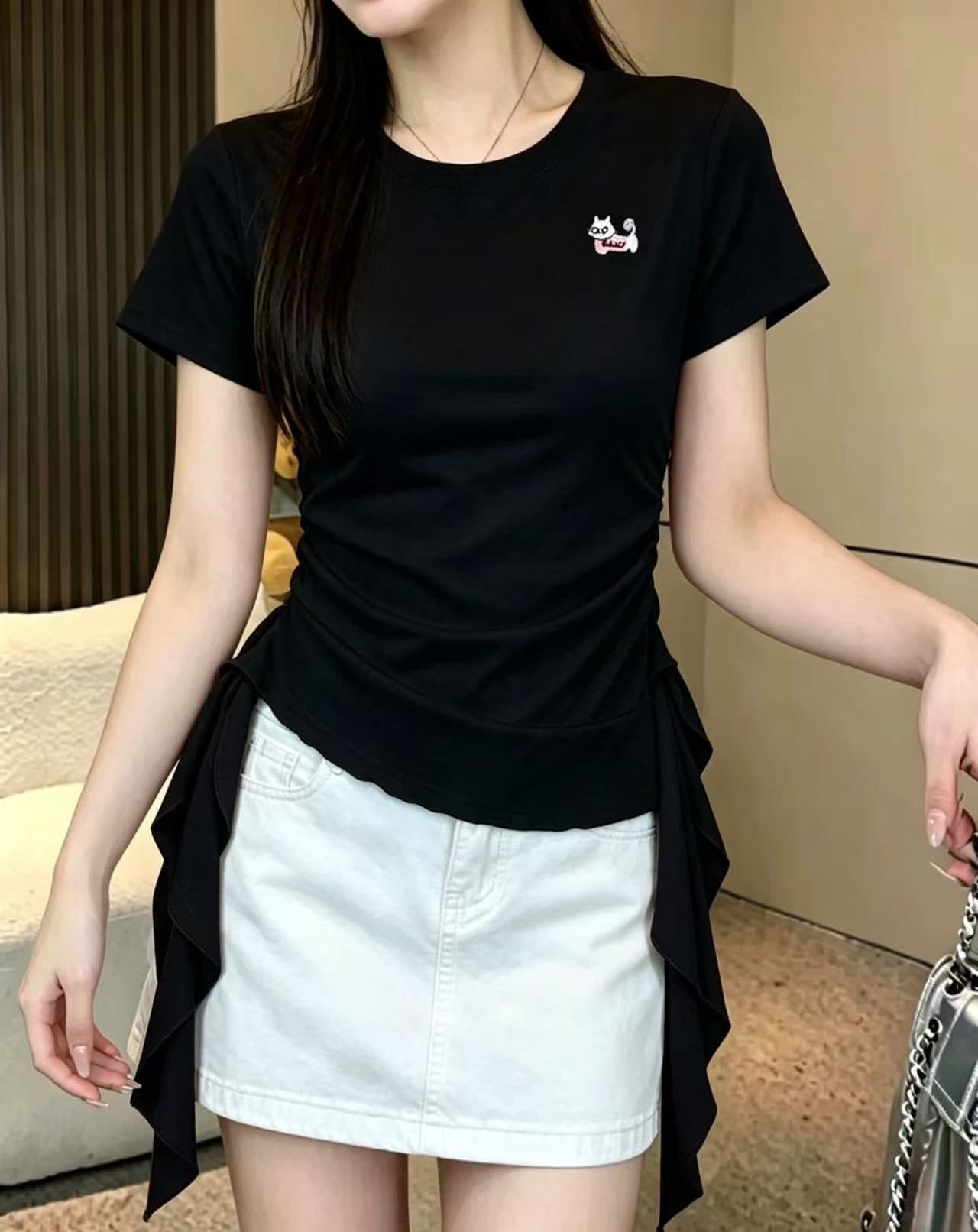 한 부서 고급 센스 핫걸 불규칙 프릴 반팔 티셔츠 여성 여름 새로운 허리 수축 슬림해 보이는 순수한 욕망 맨위 상세 이미지 6