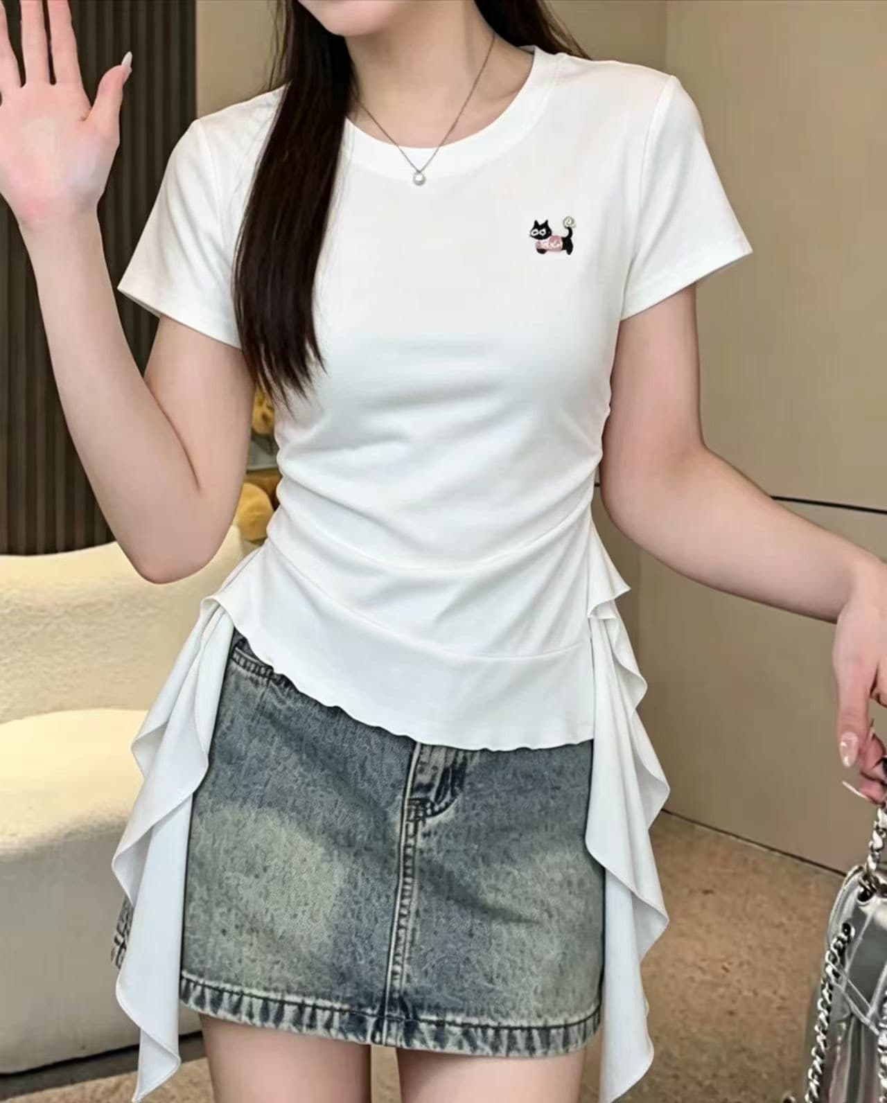 한 부서 고급 센스 핫걸 불규칙 프릴 반팔 티셔츠 여성 여름 새로운 허리 수축 슬림해 보이는 순수한 욕망 맨위 상세 이미지 7