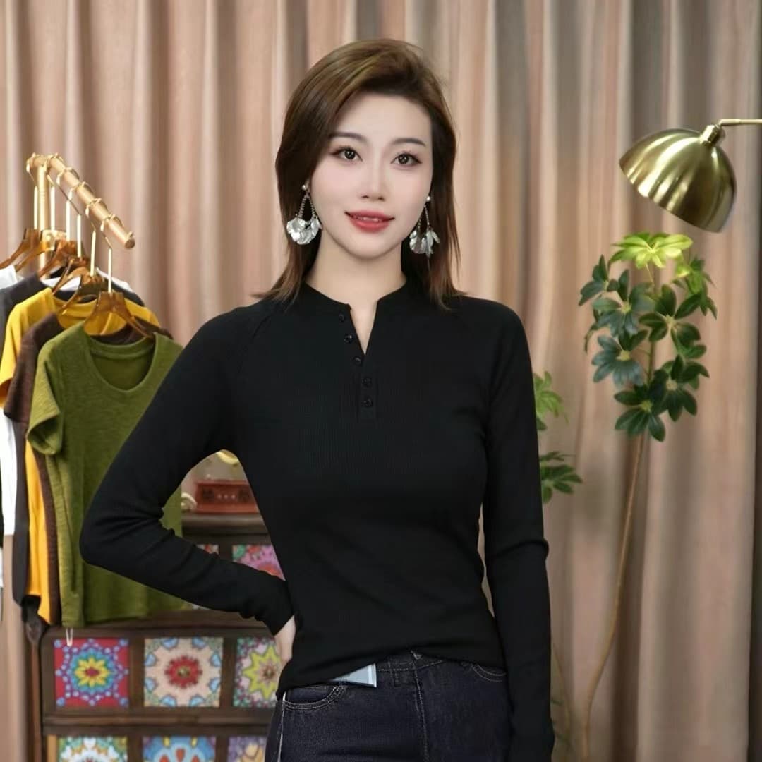 긴팔 티셔츠 여성 작은 셔츠 2026 가을 새로운 슈퍼 화재 연령 감소 디자인 센스 몸매 가꾸기 반 개방 V넥 디스플레이 몸 맨위 상세 이미지 1