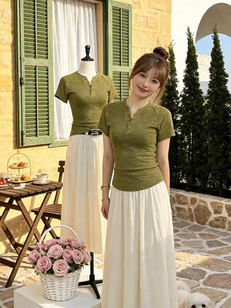 대나무 마디 면 여름 한국 스타일 디자인 섹션 V넥 단추 몸매 가꾸기 슬림해 보이는 다용도 미니멀리즘 단색 긍정적 인 어깨 반팔 티셔츠 여성