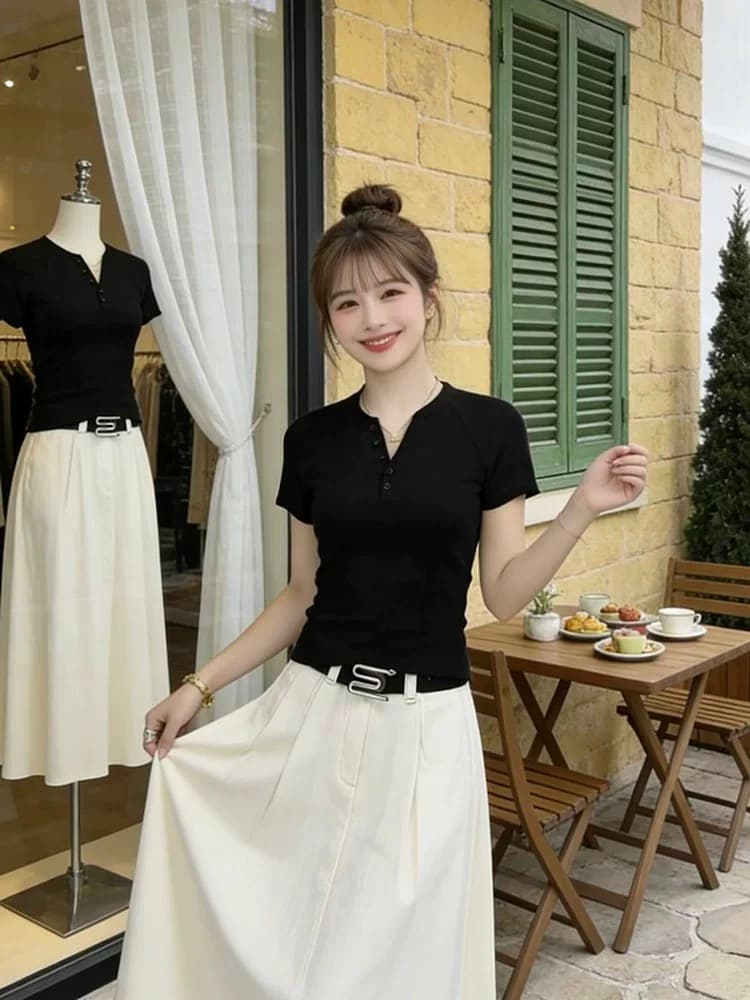 대나무 마디 면 여름 한국 스타일 디자인 섹션 V넥 단추 몸매 가꾸기 슬림해 보이는 다용도 미니멀리즘 단색 긍정적 인 어깨 반팔 티셔츠 여성 상세 이미지 1