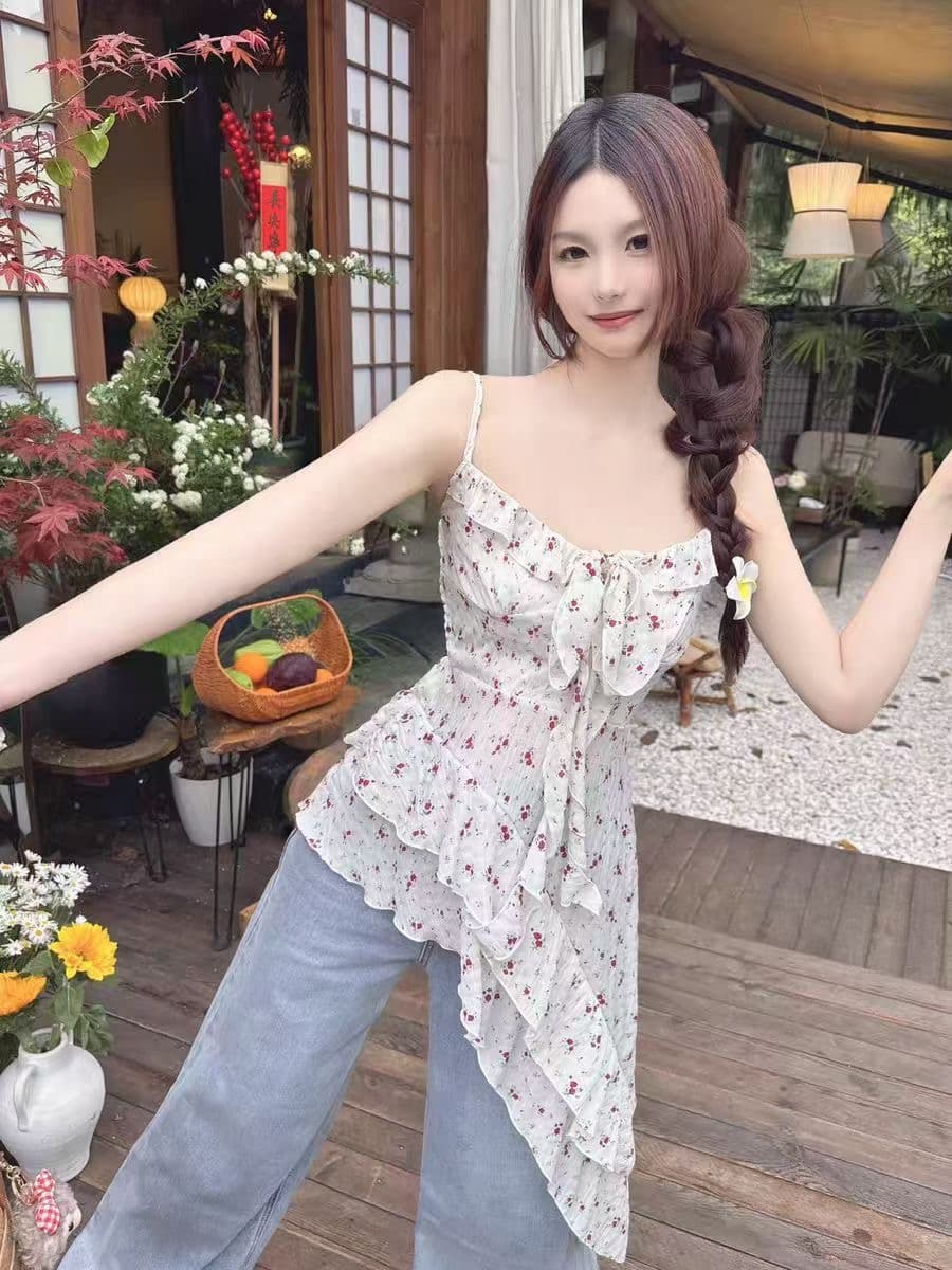 프랑스식 순수한 욕망 3 차원 꽃 캐미솔 봄 2026 새로운 불규칙 꽃무늬 외국 가스 허리 수축 맨위