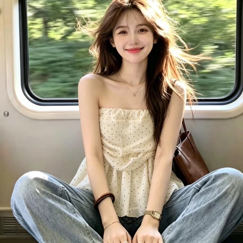 보존 섹션 추천 달콤함 보트넥 오프숄더 도트 무늬 튜브탑 조끼 여성 여름 섹시함 슬림해 보이는 주름 맨위 이미지 3