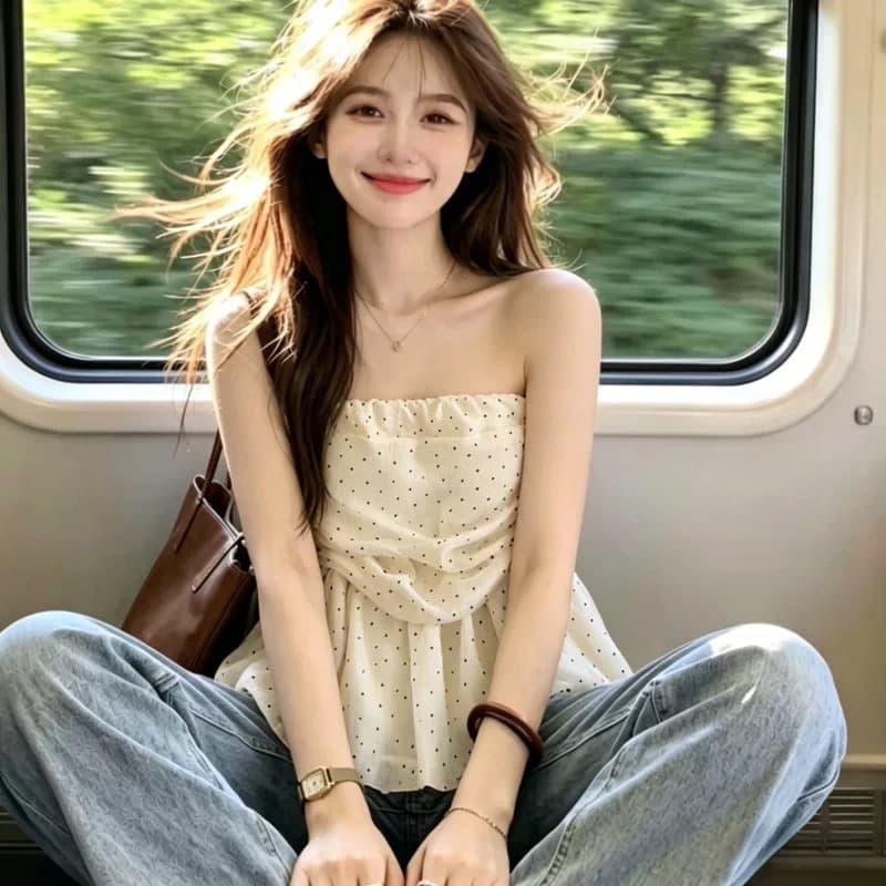 보존 섹션 추천 달콤함 보트넥 오프숄더 도트 무늬 튜브탑 조끼 여성 여름 섹시함 슬림해 보이는 주름 맨위 상세 이미지 3