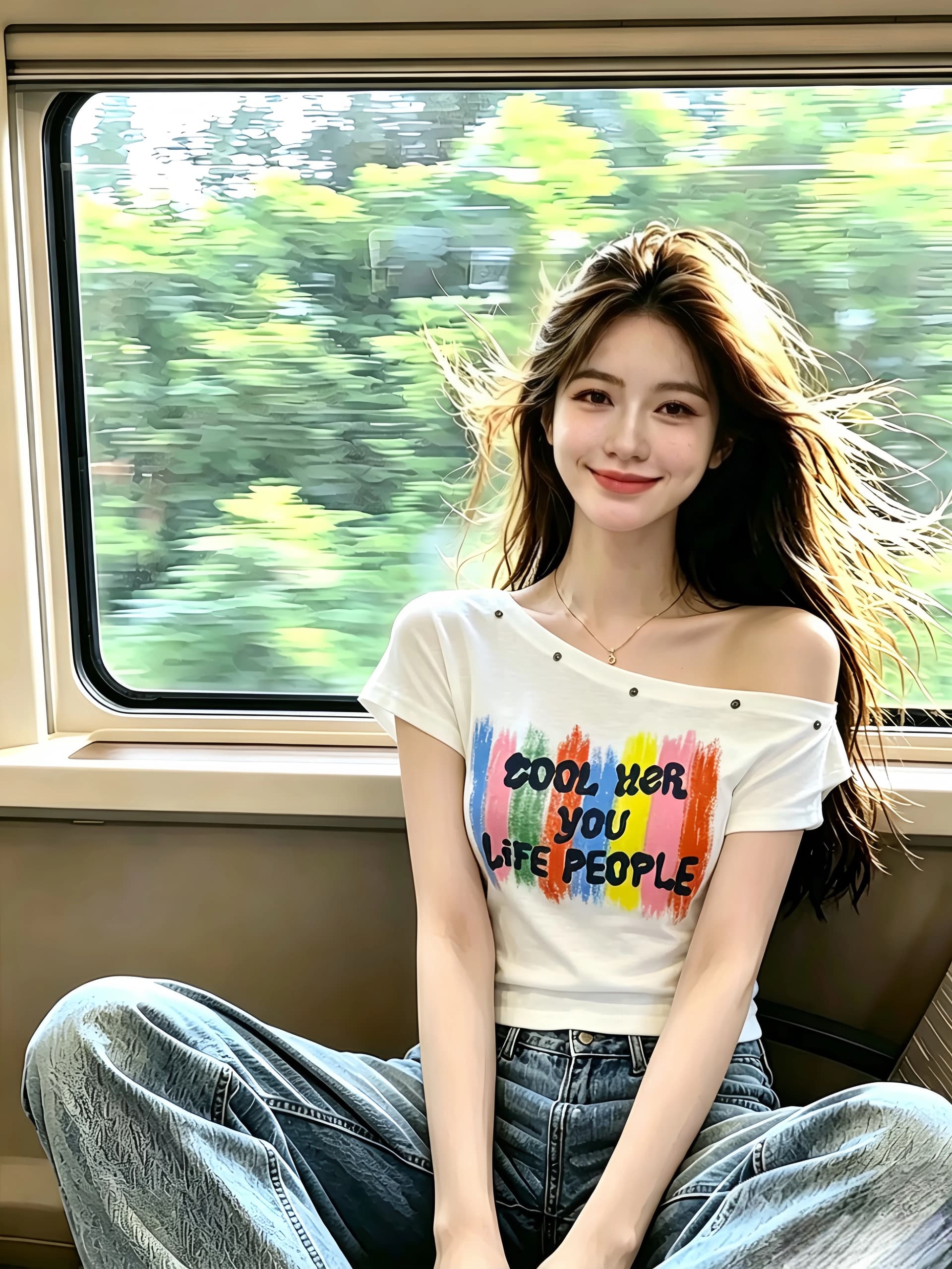 비스듬한 어깨 오프숄더 징 반팔 티셔츠 여성 여름 새로운 디자인 센스 색상 낙서 프린트 몸매 가꾸기 슬림해 보이는 맨위