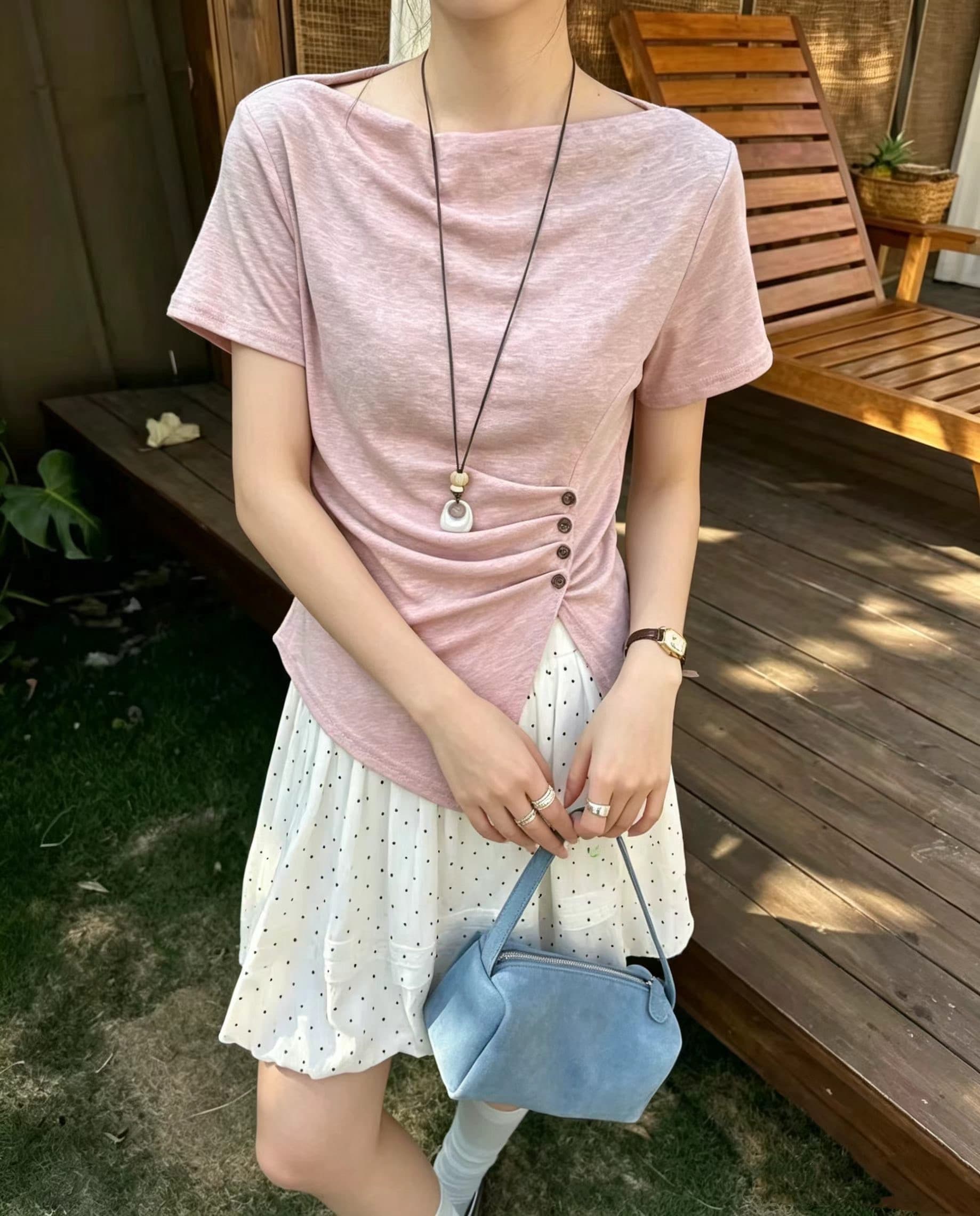 프랑스식 오프숄더 허리 수축 트임 반팔 티셔츠 여성 여름 새로운 몸매 가꾸기 슬림해 보이는 디자인 센스 작은 대중 품격 맨위 상세 이미지 6