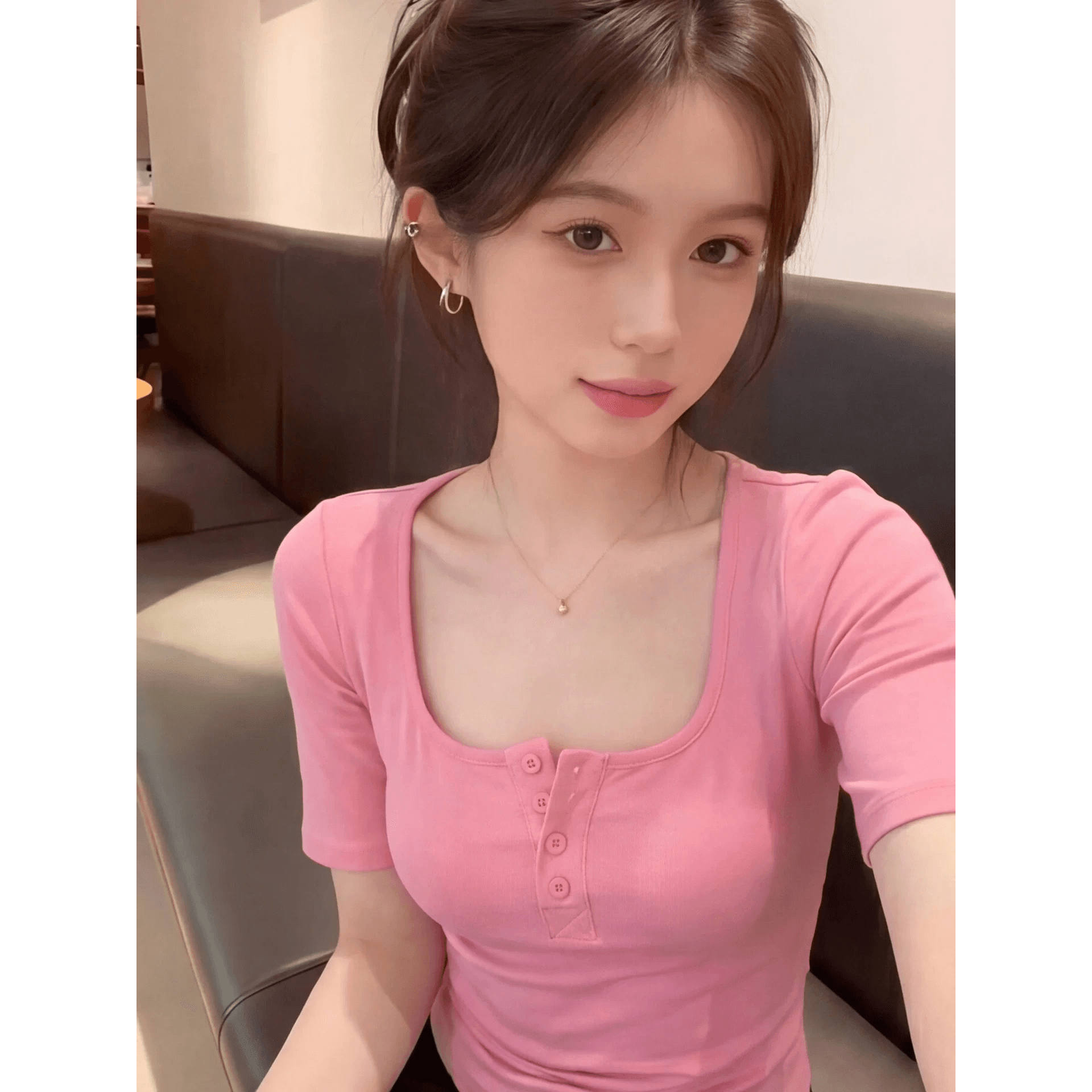 순수한 욕망 익스트림 제인 바람 단추 광장 칼라 반팔 티셔츠 여성 여름 고유 한 아름다운 몸매 가꾸기 슬림해 보이는 품격 동정 맨위 이미지 5