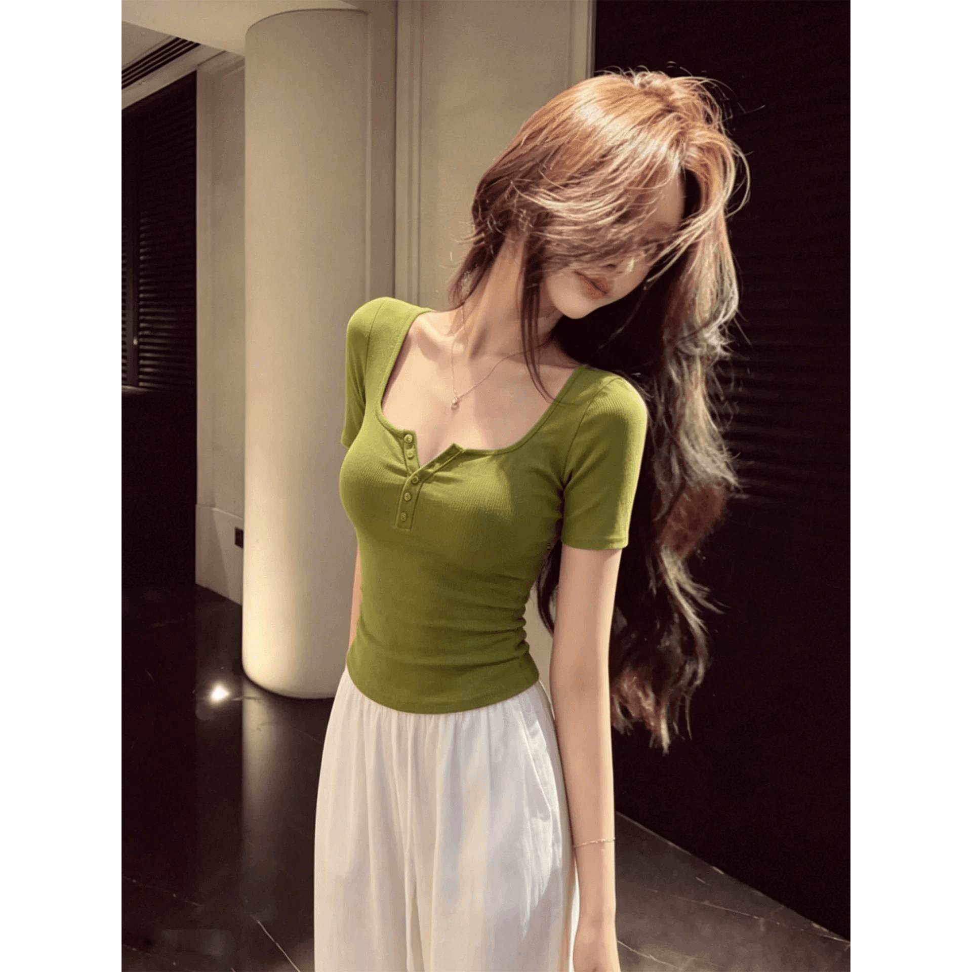 liheyu 버터 과일 녹색 대 u 칼라 단추 반팔 여성 여름 순수한 욕망 몸매 가꾸기 슬림해 보이는 쇄골 긍정적 인 어깨 의류 이미지 5