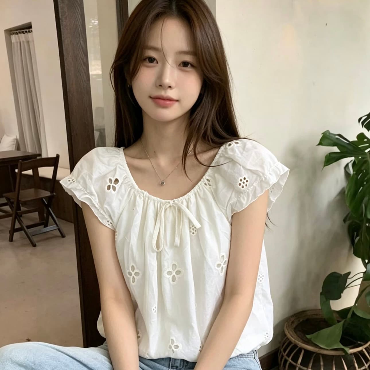 프랑스식 품격 자수 홀로우 아웃 자수 라운드 넥 거품 소매 여성 셔츠 여름 2026 패션 연령 감소 꽃밭 맨위 상세 이미지 1