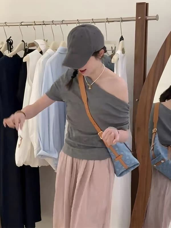 핫걸 바람 비스듬한 칼라 오프숄더 반팔 티셔츠 여성 여름 새로운 순수한 욕망 몸매 가꾸기 슬림해 보이는 디자인 센스 화이트 맨위 서비스 상세 이미지 3