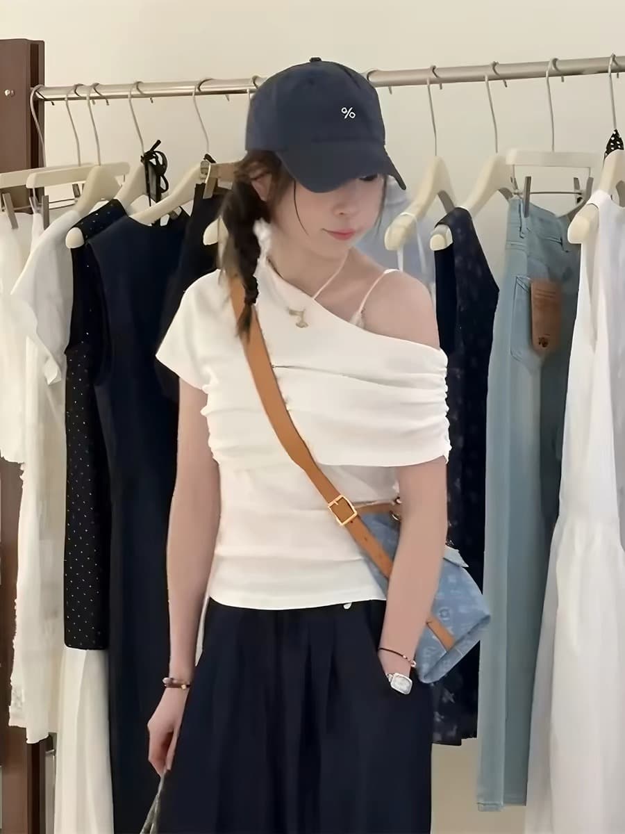 핫걸 바람 비스듬한 칼라 오프숄더 반팔 티셔츠 여성 여름 새로운 순수한 욕망 몸매 가꾸기 슬림해 보이는 디자인 센스 화이트 맨위 서비스 상세 이미지 5