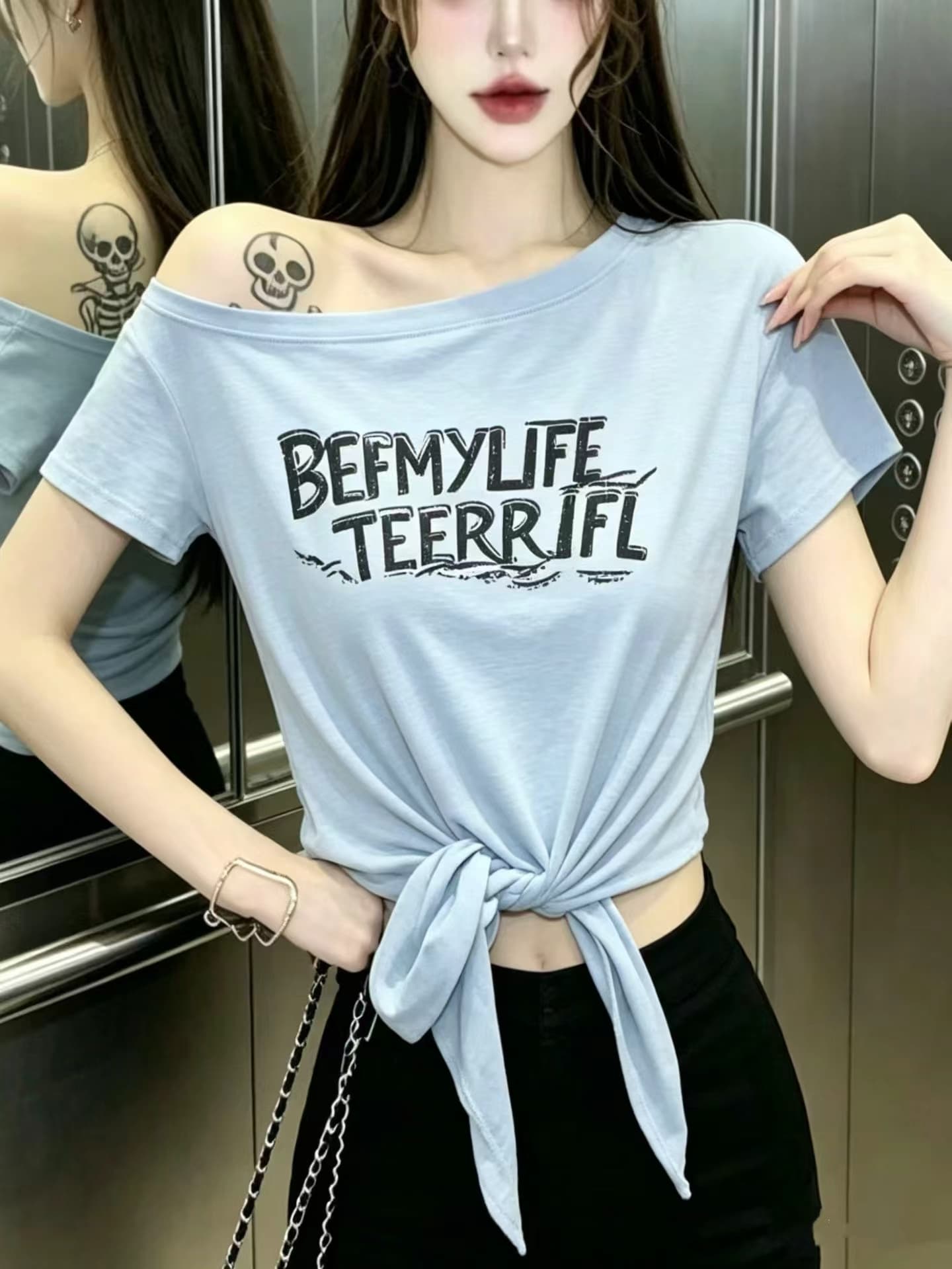 한 부서 느긋한 바람 디스플레이 화이트 착용 가져 가라. 알파벳 프린트 오프숄더 반소매 티셔츠 여성 여름 캐주얼 빛 요리 한 ins 맨위 이미지 3