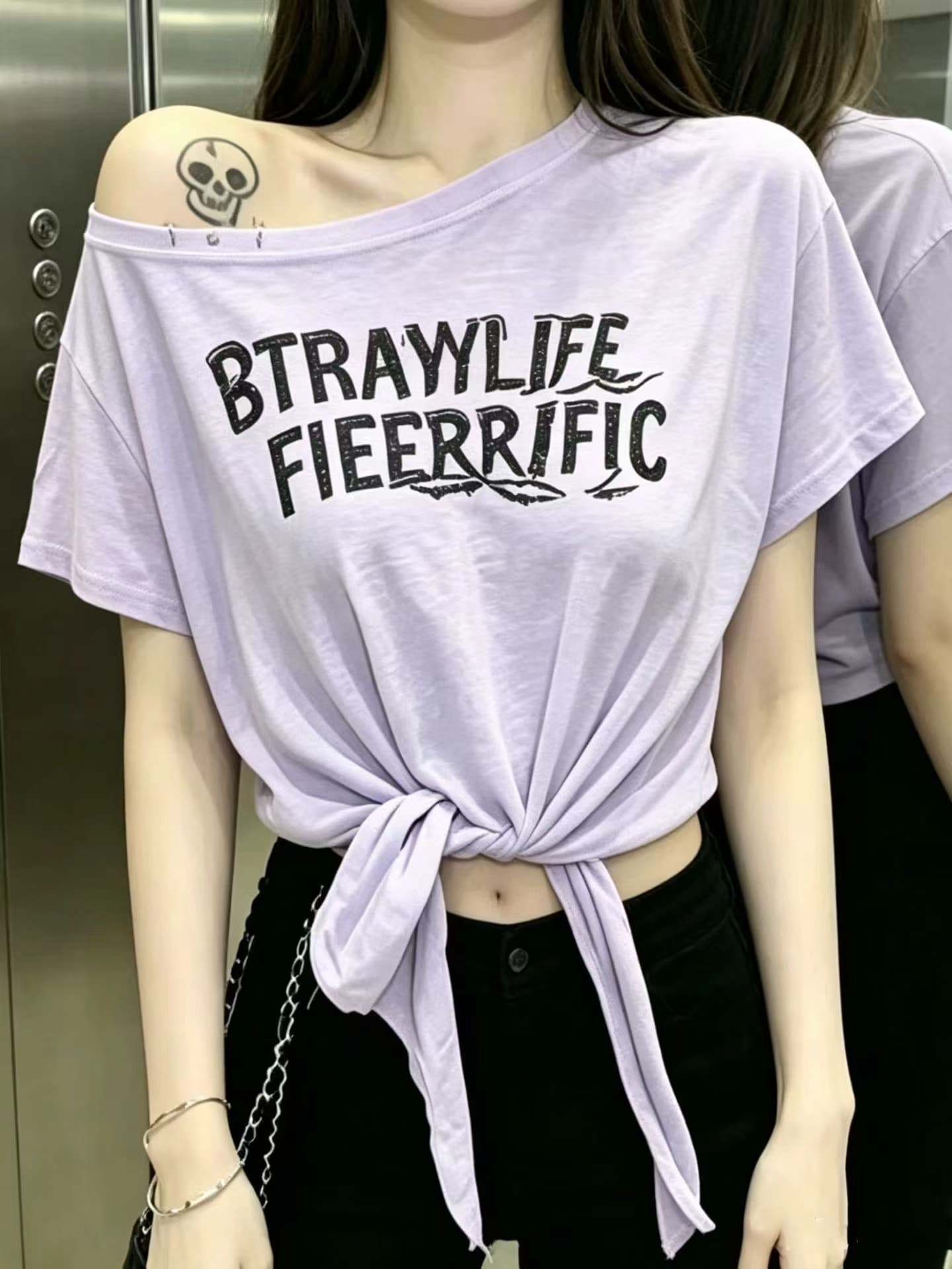 한 부서 느긋한 바람 디스플레이 화이트 착용 가져 가라. 알파벳 프린트 오프숄더 반소매 티셔츠 여성 여름 캐주얼 빛 요리 한 ins 맨위 상세 이미지 2