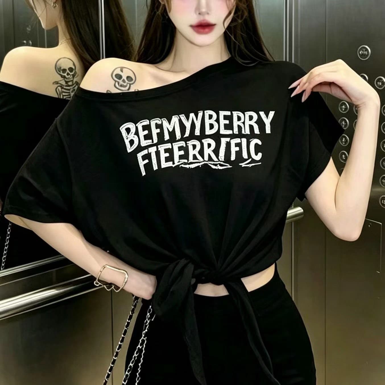 한 부서 느긋한 바람 디스플레이 화이트 착용 가져 가라. 알파벳 프린트 오프숄더 반소매 티셔츠 여성 여름 캐주얼 빛 요리 한 ins 맨위 상세 이미지 6