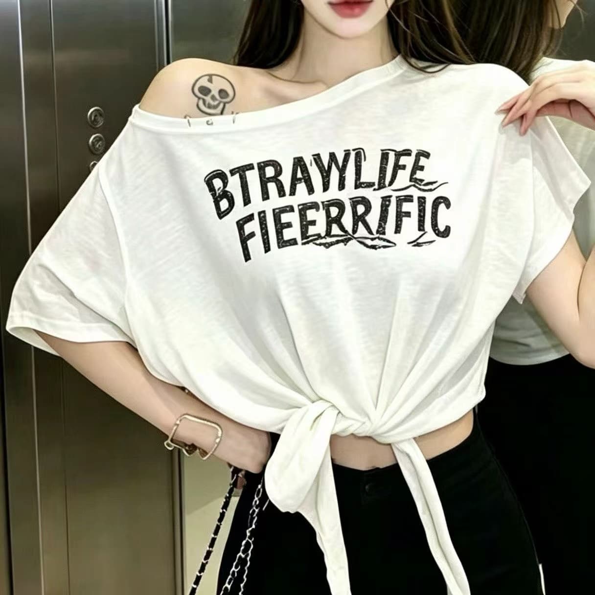 한 부서 느긋한 바람 디스플레이 화이트 착용 가져 가라. 알파벳 프린트 오프숄더 반소매 티셔츠 여성 여름 캐주얼 빛 요리 한 ins 맨위 상세 이미지 7