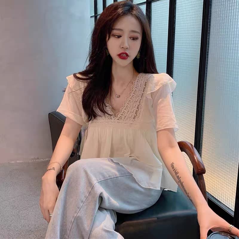 쉬폰 블라우스 반팔 여성 여름 프랑스식 작은 샤넬 스타일 프릴 티셔츠 살구 색상 작은 셔츠 레이스 V넥 얇은 스타일 만나는 맨위 상세 이미지 1