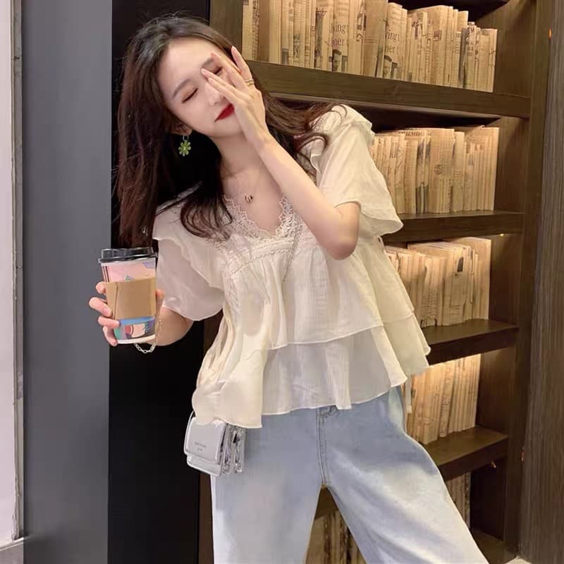 쉬폰 블라우스 반팔 여성 여름 프랑스식 작은 샤넬 스타일 프릴 티셔츠 살구 색상 작은 셔츠 레이스 V넥 얇은 스타일 만나는 맨위 상세 이미지 2