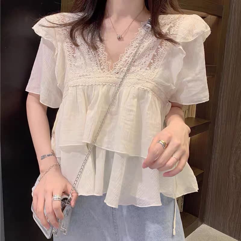 쉬폰 블라우스 반팔 여성 여름 프랑스식 작은 샤넬 스타일 프릴 티셔츠 살구 색상 작은 셔츠 레이스 V넥 얇은 스타일 만나는 맨위 상세 이미지 3