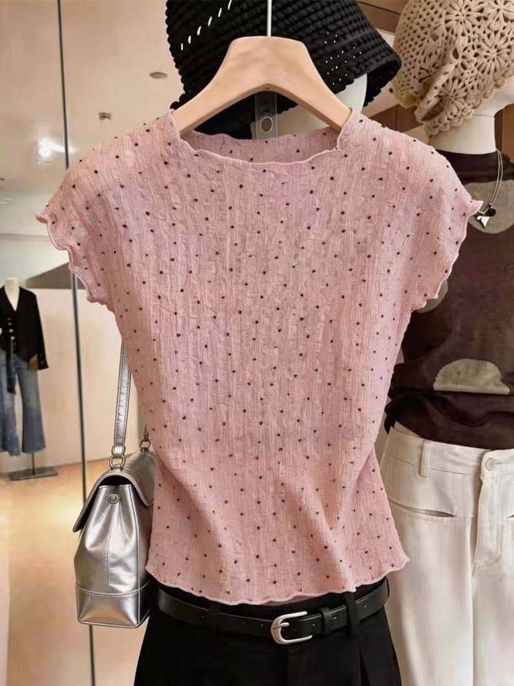 페이크 레이어드 배색 V넥 반팔 티셔츠 여성 여름 새로운 순수한 욕망 바람 알파벳 프린트 허리 수축 주름 몸매 가꾸기 맨위