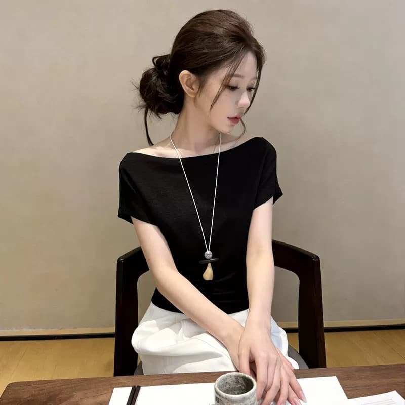 한 부서 오프숄더 반팔 티셔츠 여성 여름 작은 대중 디자인 센스 뒤로 펌프 로프 허리 수축 슬림해 보이는 부드러운 바람 맨위 이미지 4