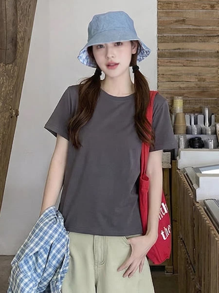 검정색 긍정적 인 어깨 라운드 넥 미니멀리즘 반팔 티셔츠 여성 고급 센스 단색 여름 새로운 캐주얼 다용도 루즈핏 맨위 상세 이미지 2