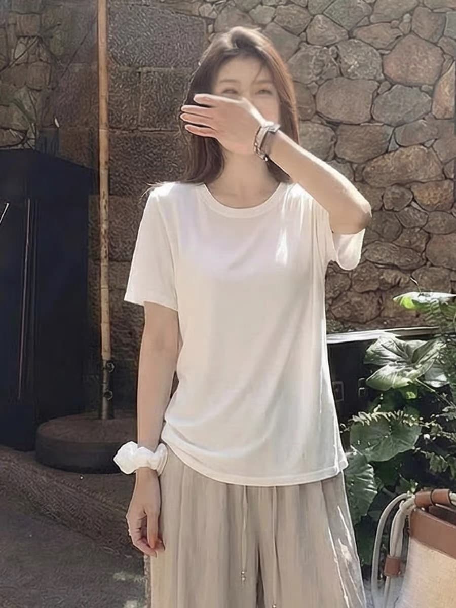 검정색 긍정적 인 어깨 라운드 넥 미니멀리즘 반팔 티셔츠 여성 고급 센스 단색 여름 새로운 캐주얼 다용도 루즈핏 맨위 상세 이미지 3