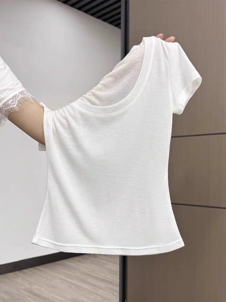 순수한 욕망 화이트 긍정적 인 어깨 u 칼라 반팔 티셔츠 여성 여름 2026 새로운 몸매 가꾸기 슬림해 보이는 만나는 인사이드 가져 가라. 핫걸 맨위 이미지 4